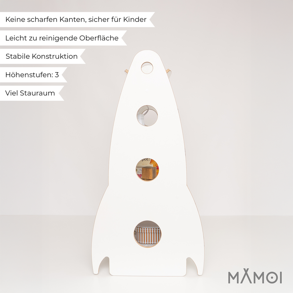 MAMOI® Children’s rocket-shaped bookshelf, wooden Montessori bookcase, kids book and toy organizer, shelf for children’s room, 100% ECO, Made in EU