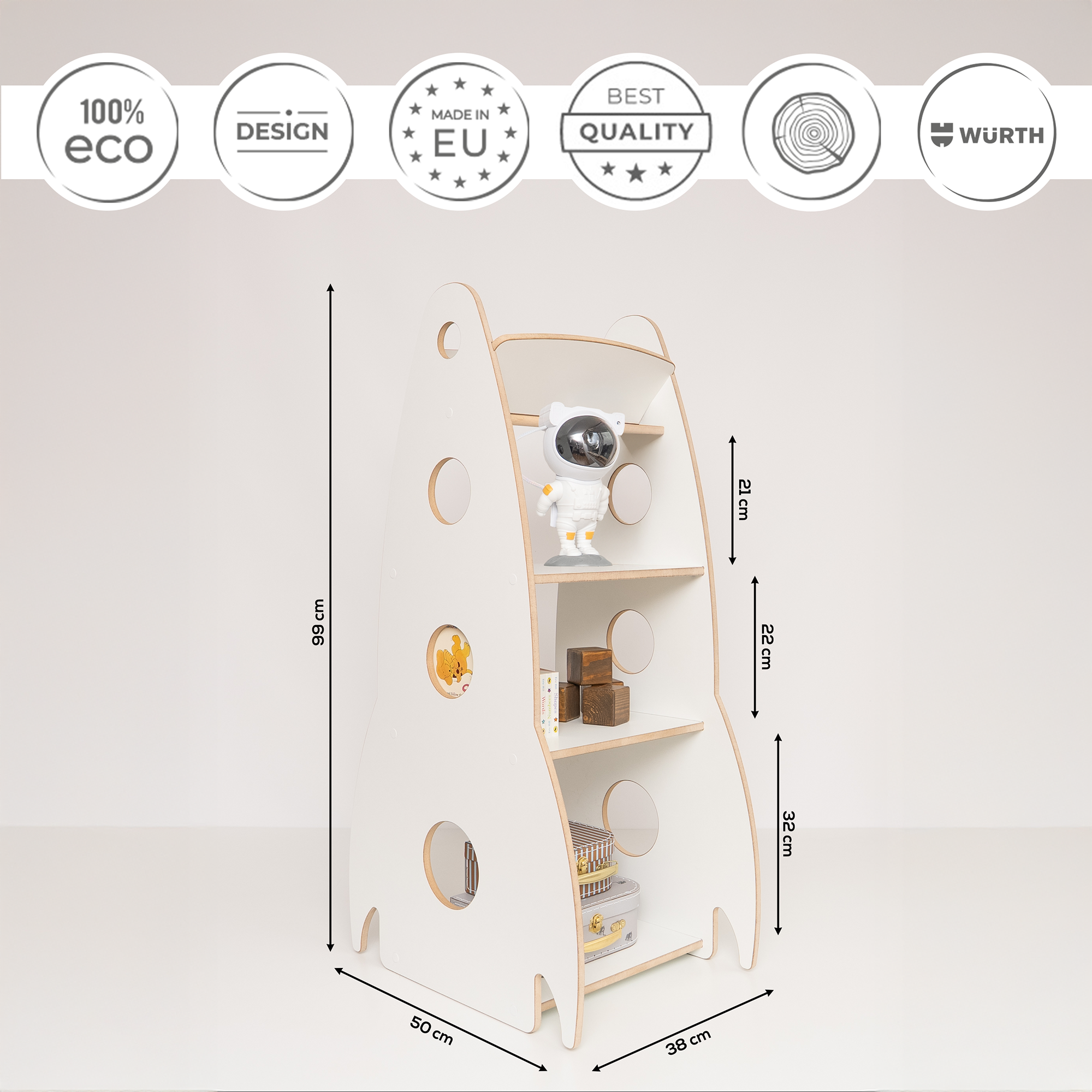 MAMOI® Children’s rocket-shaped bookshelf, wooden Montessori bookcase, kids book and toy organizer, shelf for children’s room, 100% ECO, Made in EU