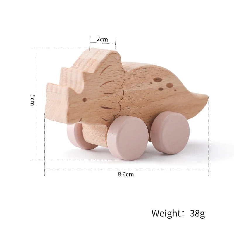 1 pc Beech Wood Montessori Toy Dinosaur with wheels multivariant