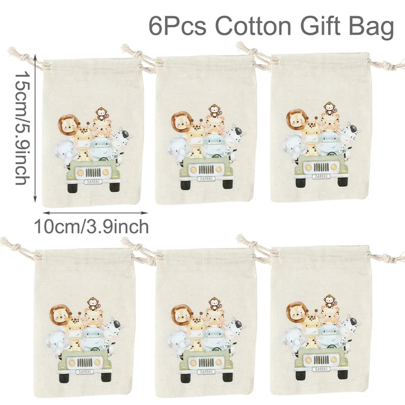 Set of 6 cotton canvas bags with multi-variant animals