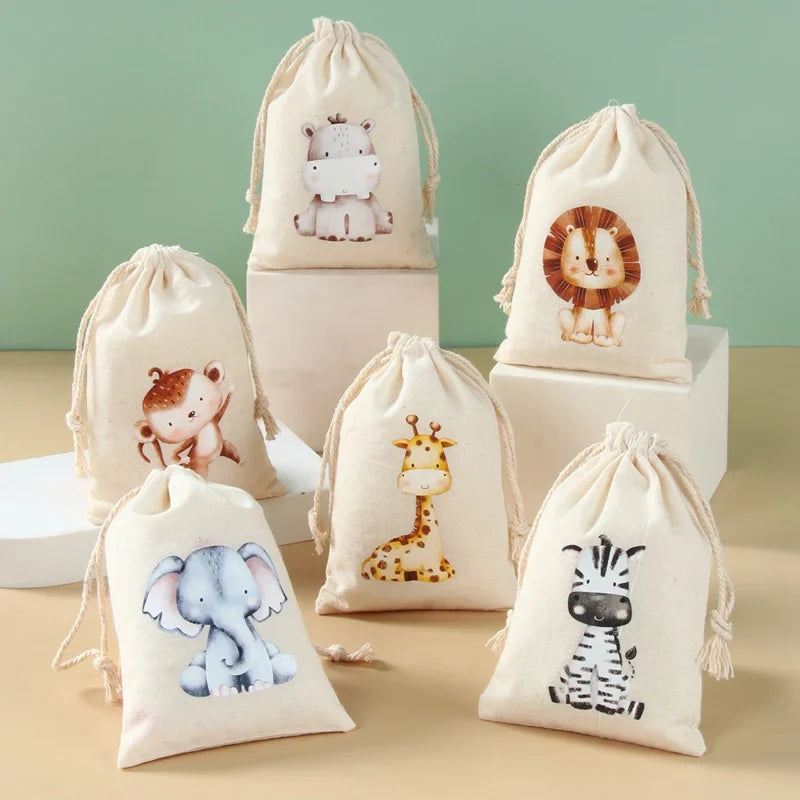 Set of 6 cotton canvas bags with multi-variant animals